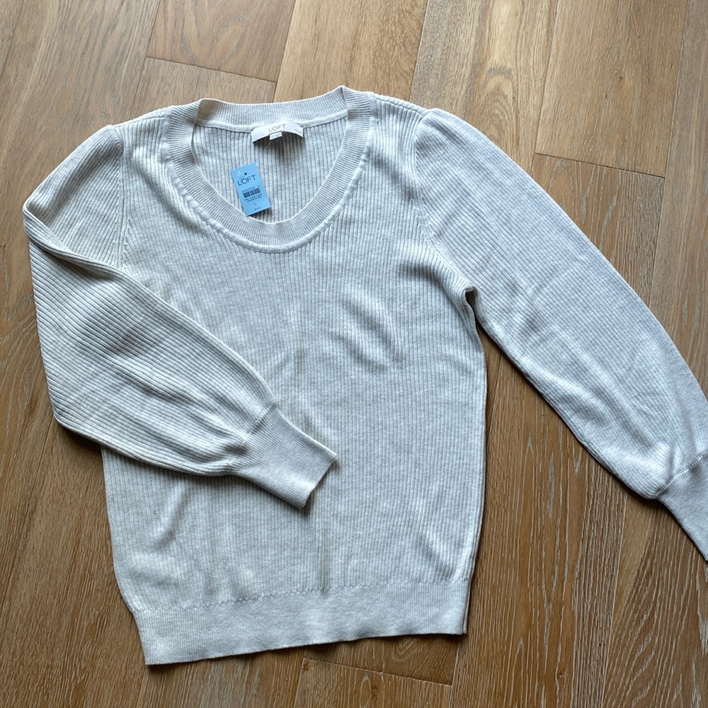 New LOFT Ann Taylor L petite soft sweater ribbed puff sleeve oatmeal Heather